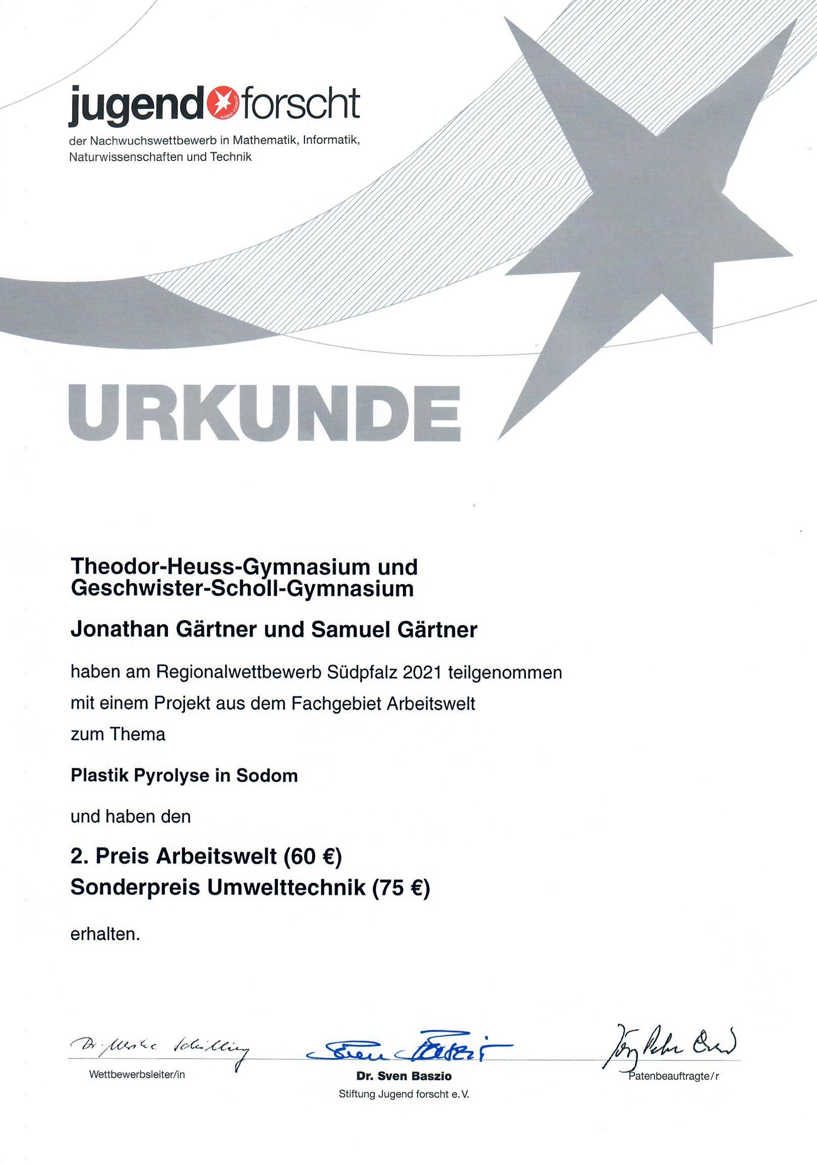 Jufo 2021 Urkunde J.Gärtner Plastikpyrolyse